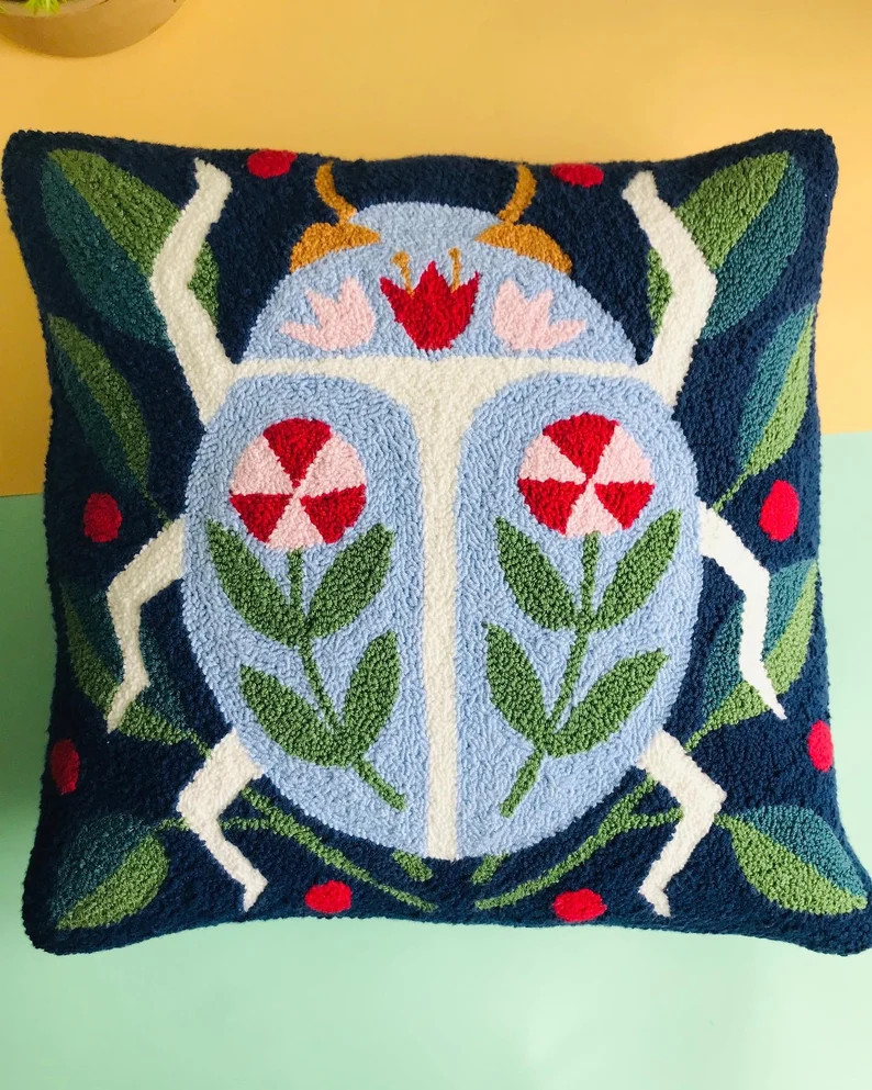 Spring Beetle Floral Pillow, Decorative Embroidery Cushion Cover, Punch Needle Pillow Cover, Thro... | Etsy (US)