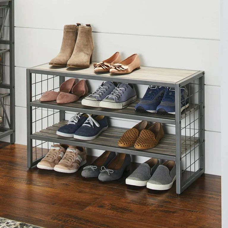 Better Homes & Gardens 4 Tier Shoe Rack with Gunmetal Grey Wood and Metal Frame, up to 12 Pair of... | Walmart (US)