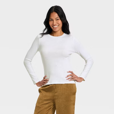 Women's Slim Fit Long Sleeve Embellished Ribbed Top - A New Day™ White M | Target