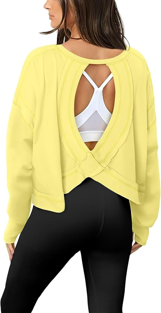 Women Long Sleeve Open Back Athletic Shirts Casual Workout Top Yoga Loose Running Tees | Amazon (US)