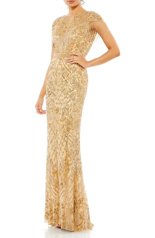 Mac Duggal Embellished Fringe Cap Sleeve Trumpet Gown in Light Gold at Nordstrom, Size 16 | Nordstrom