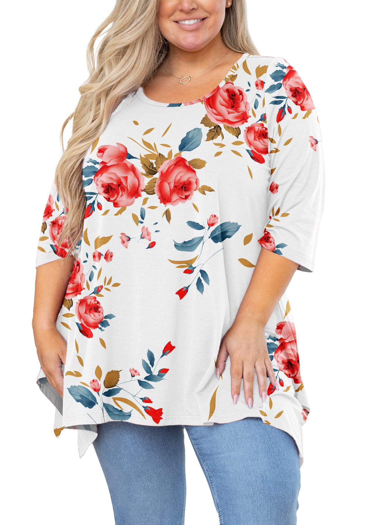 SHOWMALL Plus Size Top for Women 3/4 Sleeve Blouse Floral White 2X Swing Tunic Clothing Crewneck ... | Walmart (US)