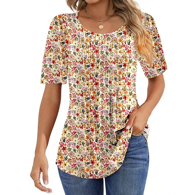 Fantaslook Blouses for Women Pleated Short Sleeve Tunic Tops Dressy Casual Summer Shirts | Walmart (US)