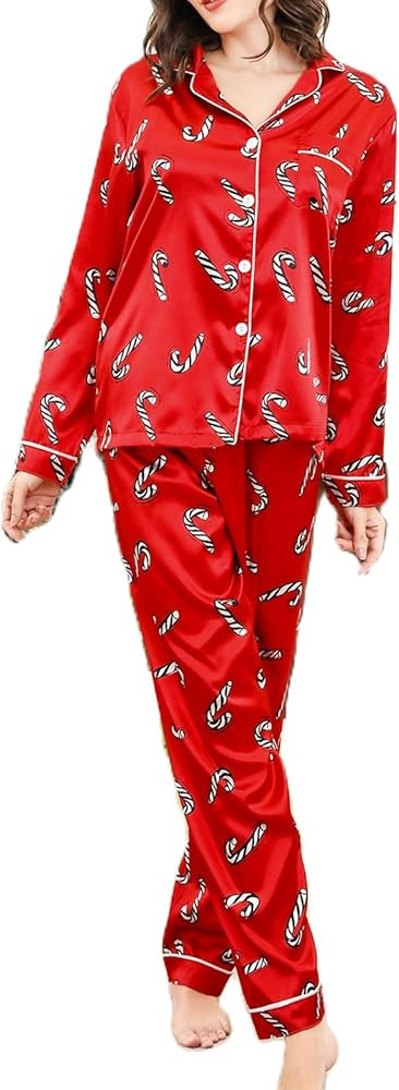 Faretumiya Women Christmas Pajamas Two Piece Satin Silk Long Sleeve Button Down Shirt Loose Long ... | Amazon (US)