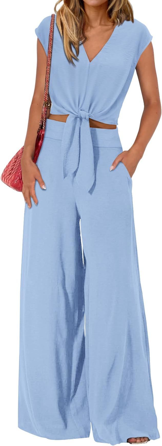 PRETTYGARDEN Women's Summer 2 Piece Outfits 2024 Cap Sleeve V Neck Belted Crop Tops Wide Leg Pant... | Amazon (US)