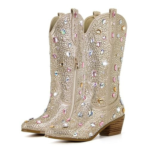 Richealnana Sparkly Gem Rhinestones Calf Mid High Boots for Women Cowboy Cowgirl Boots for Women 2INCH Heeled Pull Tabs Boots Gem Gold Size8 | Amazon (US)