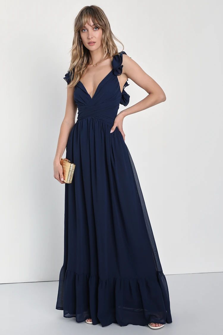 Soiree Celebration Navy Blue Ruffled Lace-Up Maxi Dress | Lulus (US)