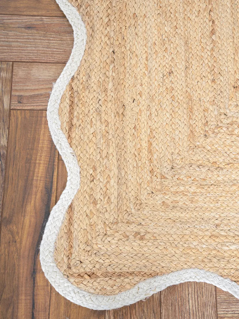 Scalloped Jute Rug- White Edge Wavy Jute Rug, Runner Rug, Door Mat, Handcrafted Rug, Stair Runner... | Etsy (US)