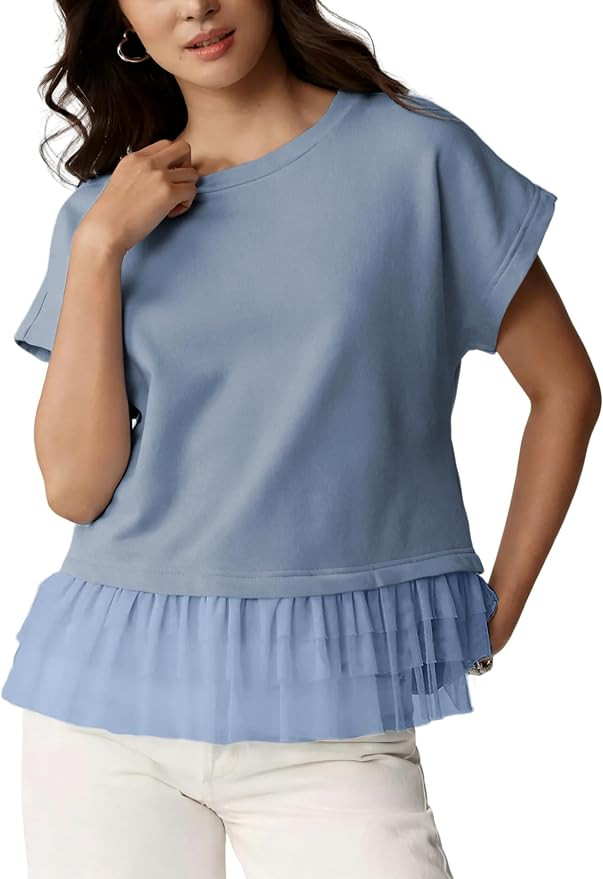 SKIKYAN Women's Short Sleeve Lace Hem Tops Crew Neck Mesh Ruffle Trim Shirts Loose Fit Casual Blo... | Amazon (US)