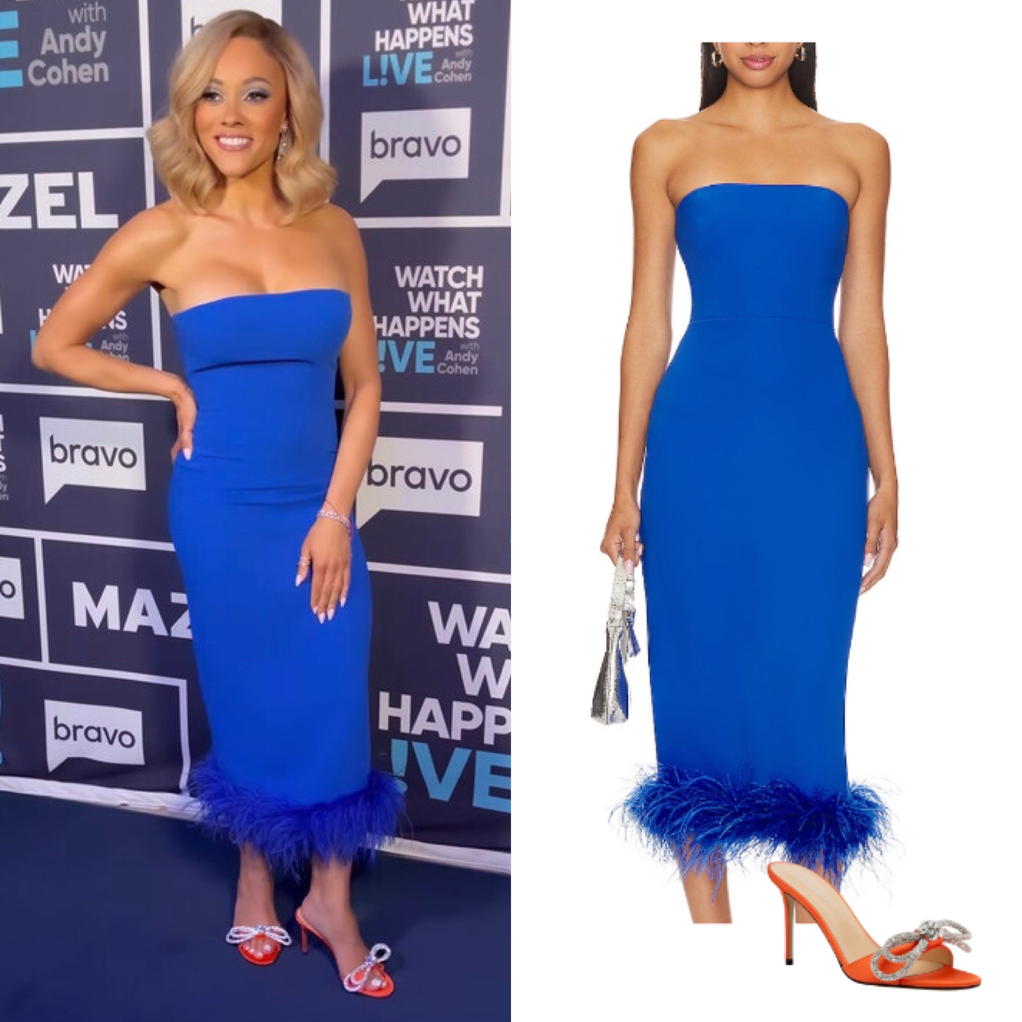 Ashley Darby’s Blue Feather Dress on #WWHL 📸= @bravowwhl 