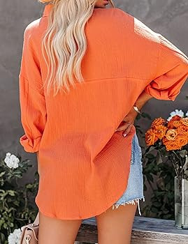 Womens Casual Long-Sleeve Shirt Lapel Collar Button Down Blouses Loose Fit Tops | Amazon (US)