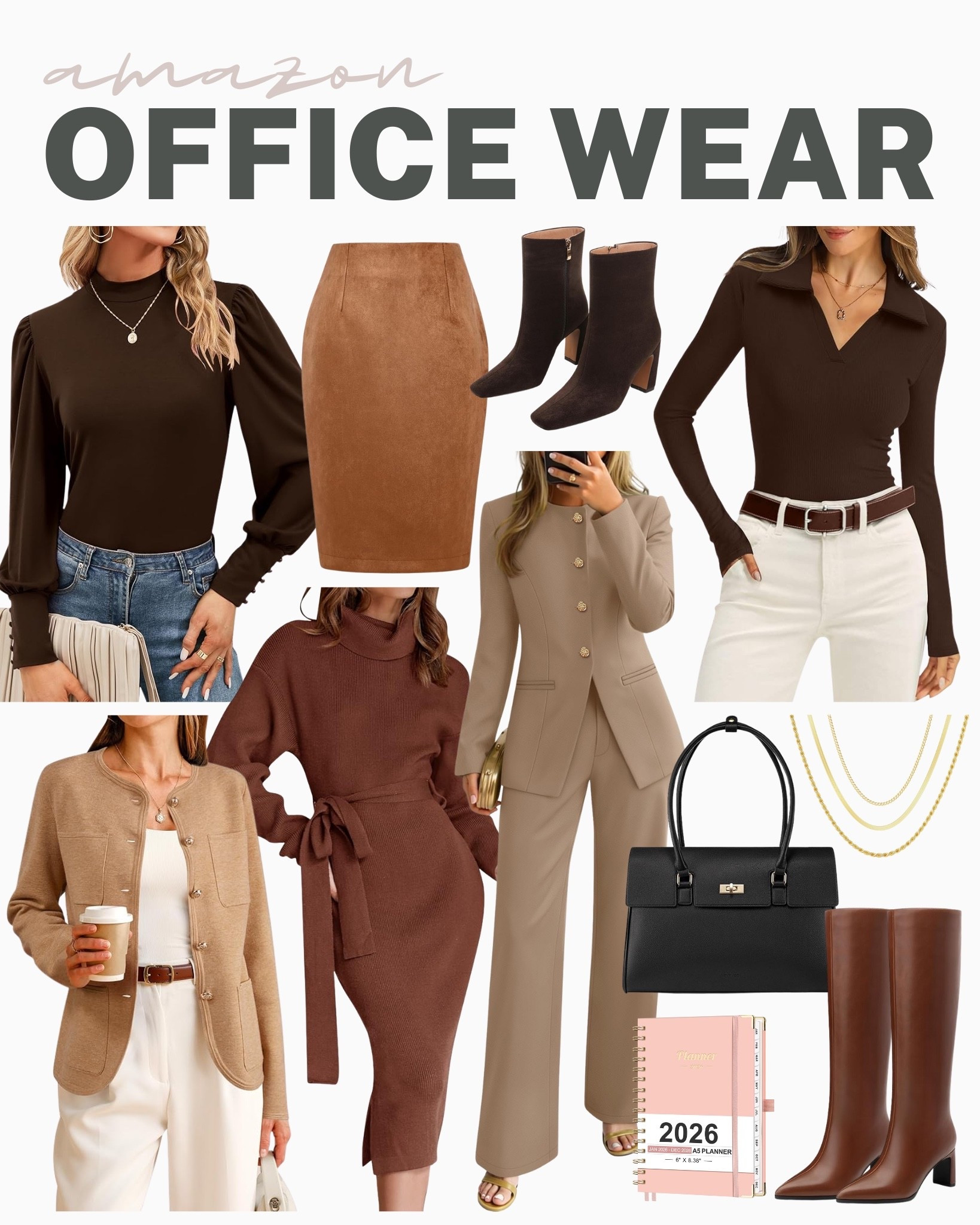 Check out these new workwear  pieces you will love wearing again and again!
puff sleeve top, work blazer, brown tone, business casual top, work tops, office style, stylish workwear, business casual, trendy office wear, professional looks, wardrobe update, transitional style, amazon fashion, affordable look, winter fashion

#LTKSeasonal #LTKU #LTKWorkwear