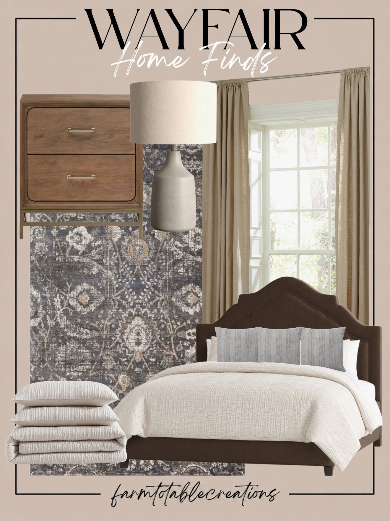Wayfair Bedroom Finds 🤎

A cozy bedroom refresh with the prettiest mix of warm wood tones, soft neutrals and vintage-inspired pattern. The rich upholstered bed grounds the space beautifully, while the creamy textured bedding keeps everything feeling light, relaxed and inviting.

Follow @farmtotablecreations on Instagram for more cozy home finds and trending decor.

The moody patterned rug adds just the right amount of contrast, and I love the simple nightstand, neutral lamp and linen-look curtains layered in. These Wayfair finds make it easy to create a bedroom that feels warm, collected and timeless without being overly styled.

#LTKHome #WayfairFinds #WayfairHome #Wayfair #BedroomInspo #BedroomDecor #CozyBedroom #NeutralBedroom #HomeFinds #HomeDecor #WarmNeutrals #DesignerInspired #CozyHome #TraditionalHome #HomeStyling

#LTKHome