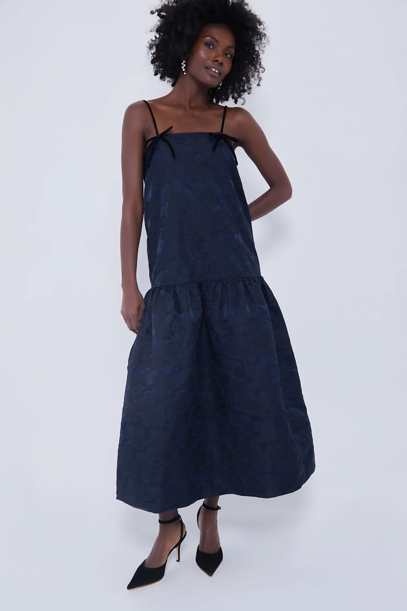 Peacoat Botanical Jacquard Strap Midi Dress | Tuckernuck (US)