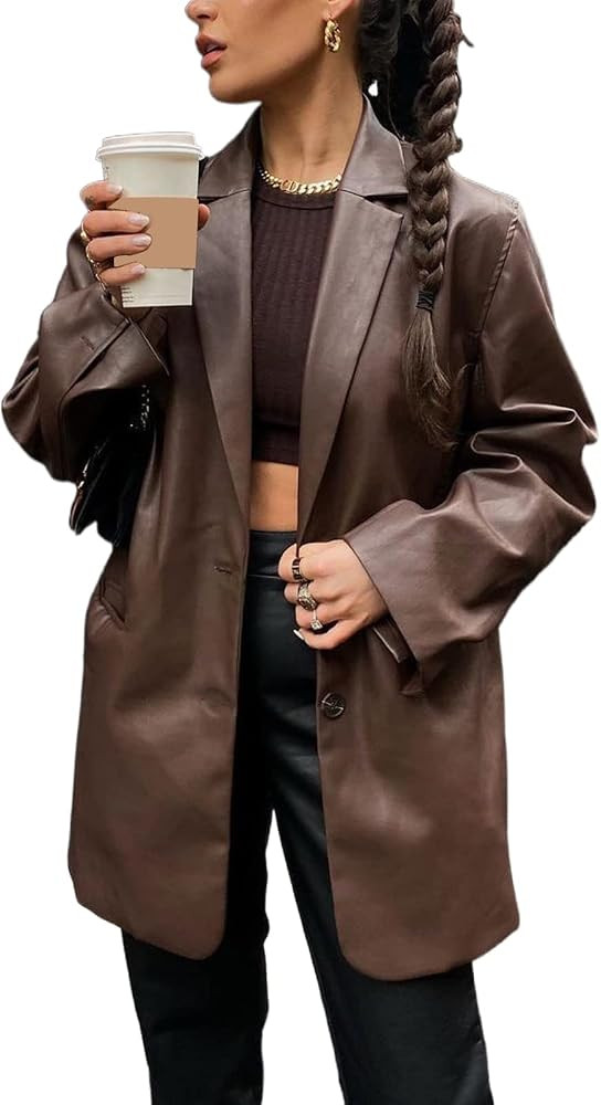 Womens Faux Leather Jacket Shacket Long Sleeve Button Lapel Blazer Coat PU Vintage Loose Oversize... | Amazon (US)