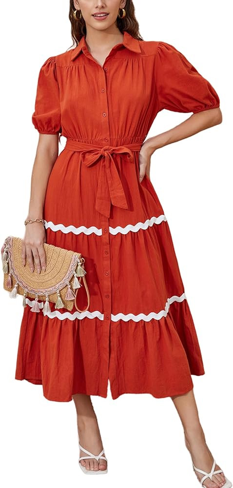 Women's Summer Short Puffy Sleeve Button Down Shirt Casual Long Dress Tiered Ruffle Flowy Maxi Dr... | Amazon (US)