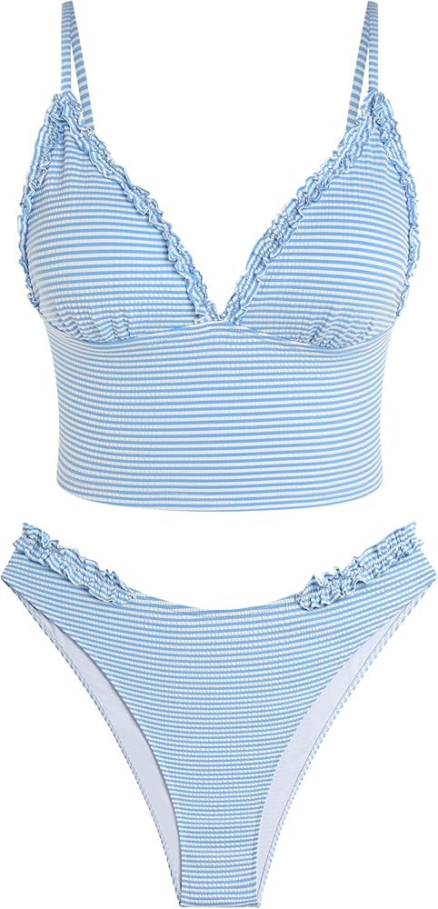 ZAFUL Women's Spaghetti Strap Tankini Swimsuits V Neck Tummy Control Tie Side Thong Bikini Swimsu... | Amazon (US)