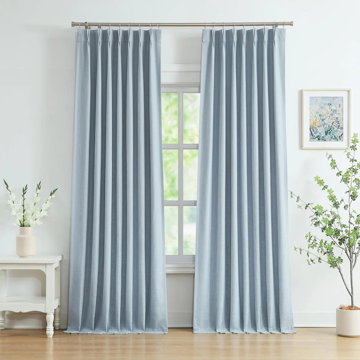 90 Inches Length Dusty Blue Pinch Pleated 100 Blackout Curtain Panels With Liners,Linen Textured ... | Wayfair North America