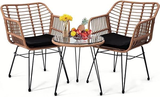 3 Pieces Wicker Patio Bistro Furniture Set, Includes 2 Chairs and Glass Top Table, Ideal for Porc... | Amazon (US)