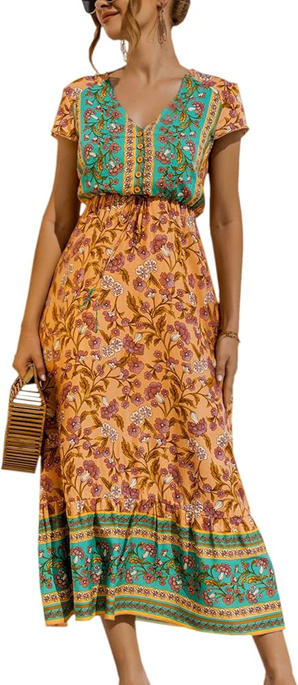 Angashion Women Dresses-Summer Casual Short Sleeve High Waist V Neck Floral Print Button Up Maxi ... | Amazon (US)