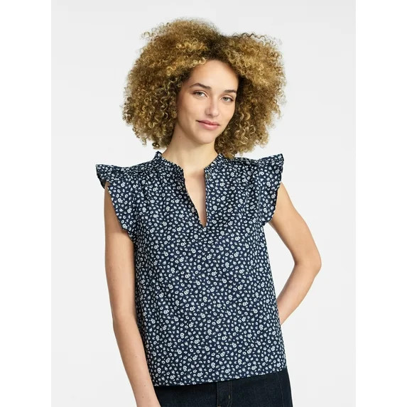 Time and Tru Women's Cotton Split Neck Top with Flutter Sleeves, Sizes XS-XXXL | Walmart (US)