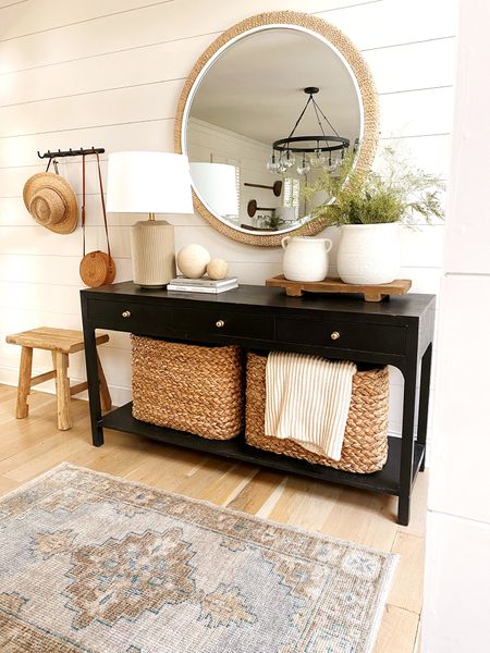 Entryway decor, console table, console styling, entryway console, round mirror, black console, baskets, console decor 

#LTKSeasonal #LTKstyletip #LTKhome