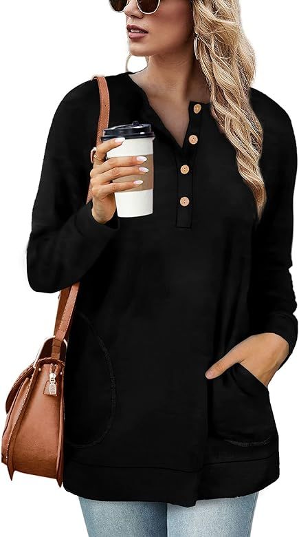 Amazon.com: NIASHOT Womens Sweatshirts Long Sleeve Deep Pockets Thermal Black Tunic Tops XL : Clo... | Amazon (US)