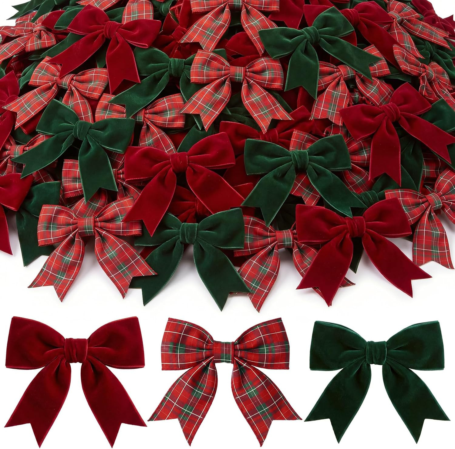 Yinder 24 Pcs Christmas Tartan Plaid Velvet Bow Ornament with Tie Wire 5.9" | Amazon (US)
