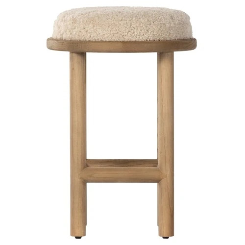 Sawyer Rustic Lodge Beige Upholstered Shearling Brown Wood Counter Stool | Kathy Kuo Home