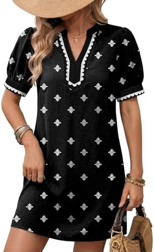 Dokotoo Summer Dresses for Women 2026 Boho Floral Puff Short Sleeve V Neck Trim Casual Mini Dress... | Amazon (US)