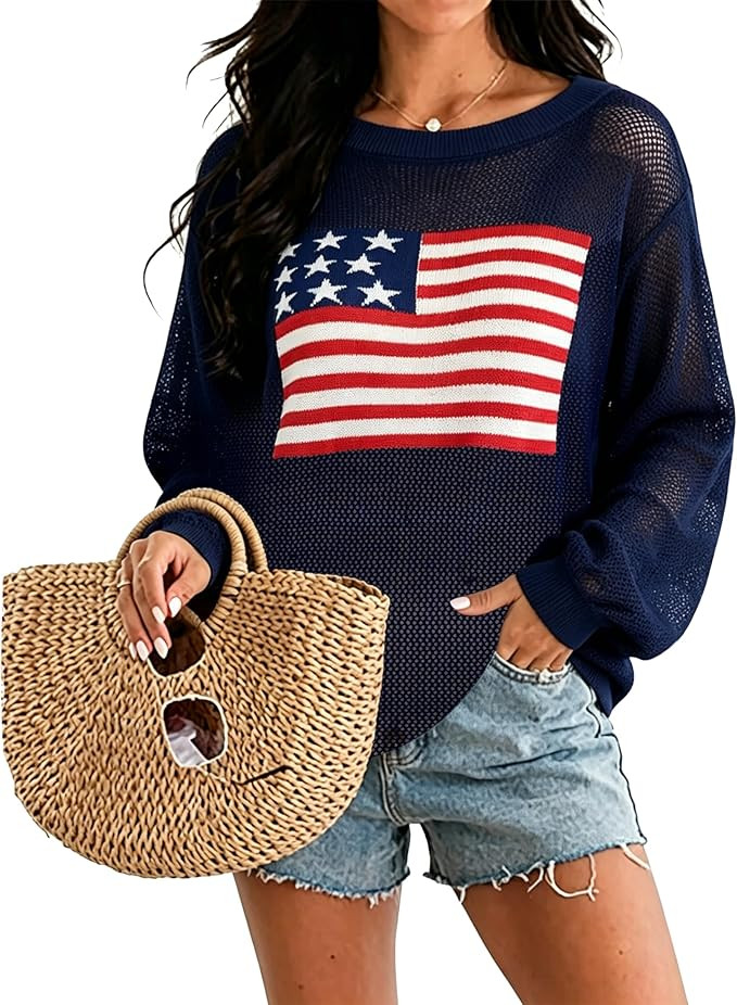 American Flag Sweater Women Crochet Knit USA Tops 4th of July Outfits Casual Boat Neck Pullover S... | Amazon (US)