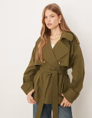 ASOS DESIGN oversized short trench coat with belt in olive | ASOS | ASOS (Global)