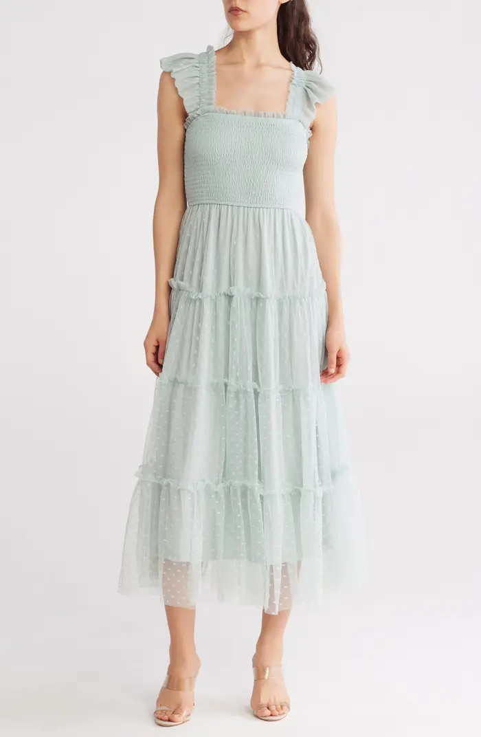 Mesh Smocked Tiered Midi Dress | Nordstrom Rack