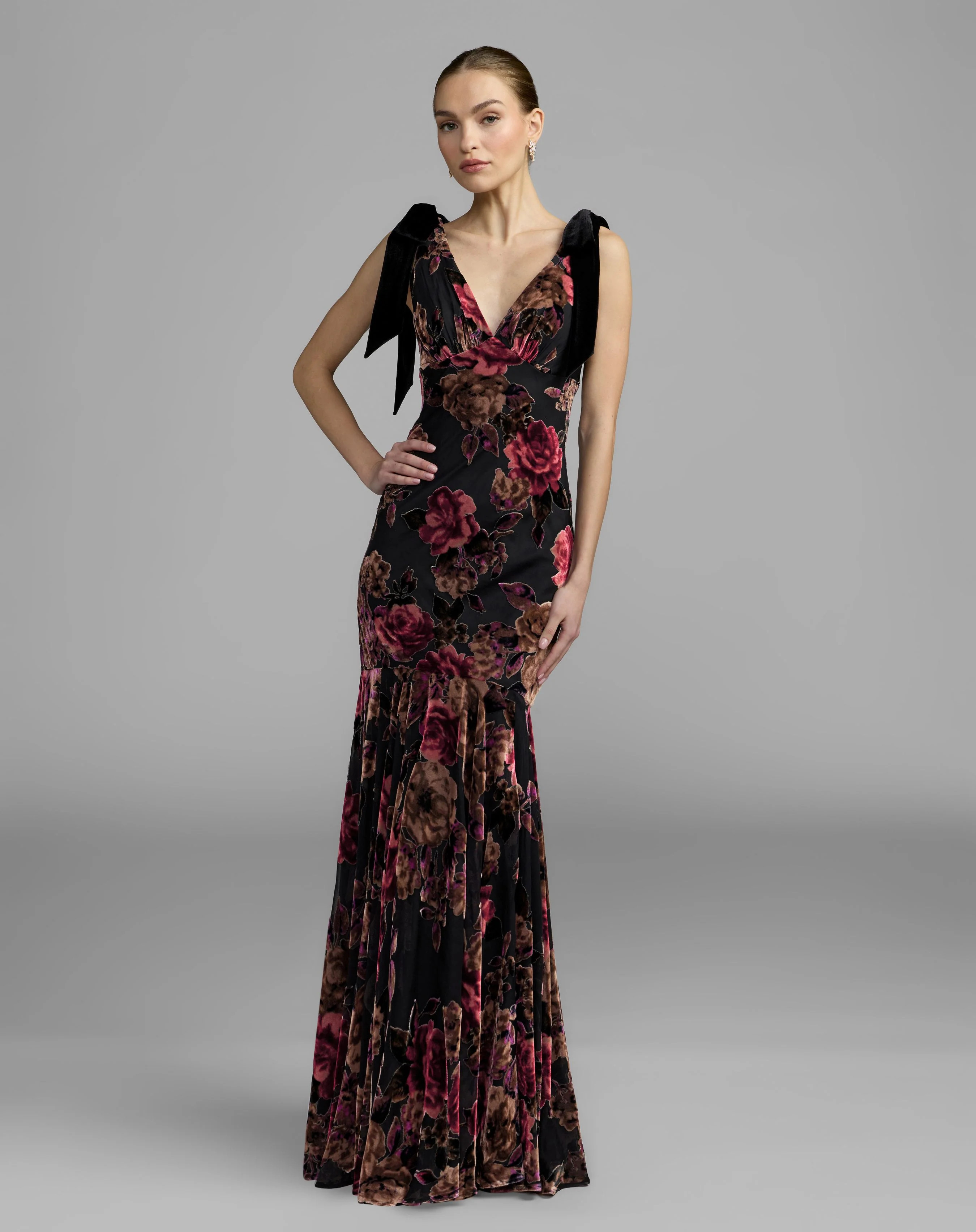 Black Floral Velvet Mermaid Gown With Bows | Mac Duggal | Mac Duggal