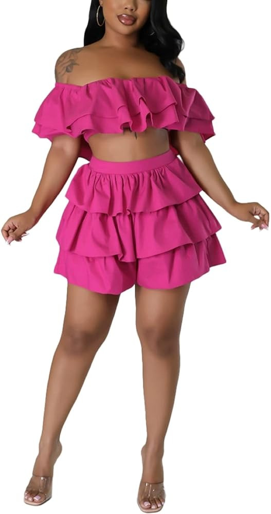 CALEBGAR Women's Sexy 2 Piece Outfits Off Shoulder Crop Top and Ruffle Short Skirt Set | Amazon (US)