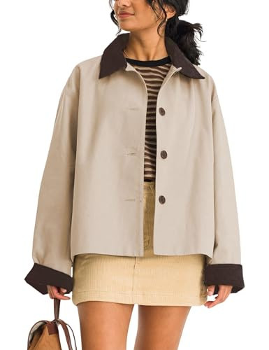 Lviefent Womens Contrast Collar Jacket Casual Button Down Long Sleeves Crop Trench Coat Outerwear with Pockets (Beige-L) | Amazon (US)