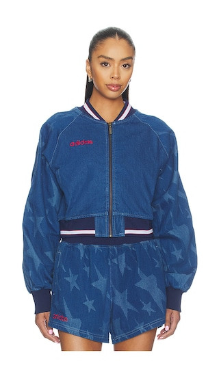 adidas Originals Superstar Denim Graphic Varsity Bomber Jacket in Blue. - size L | Revolve Clothing (Global)