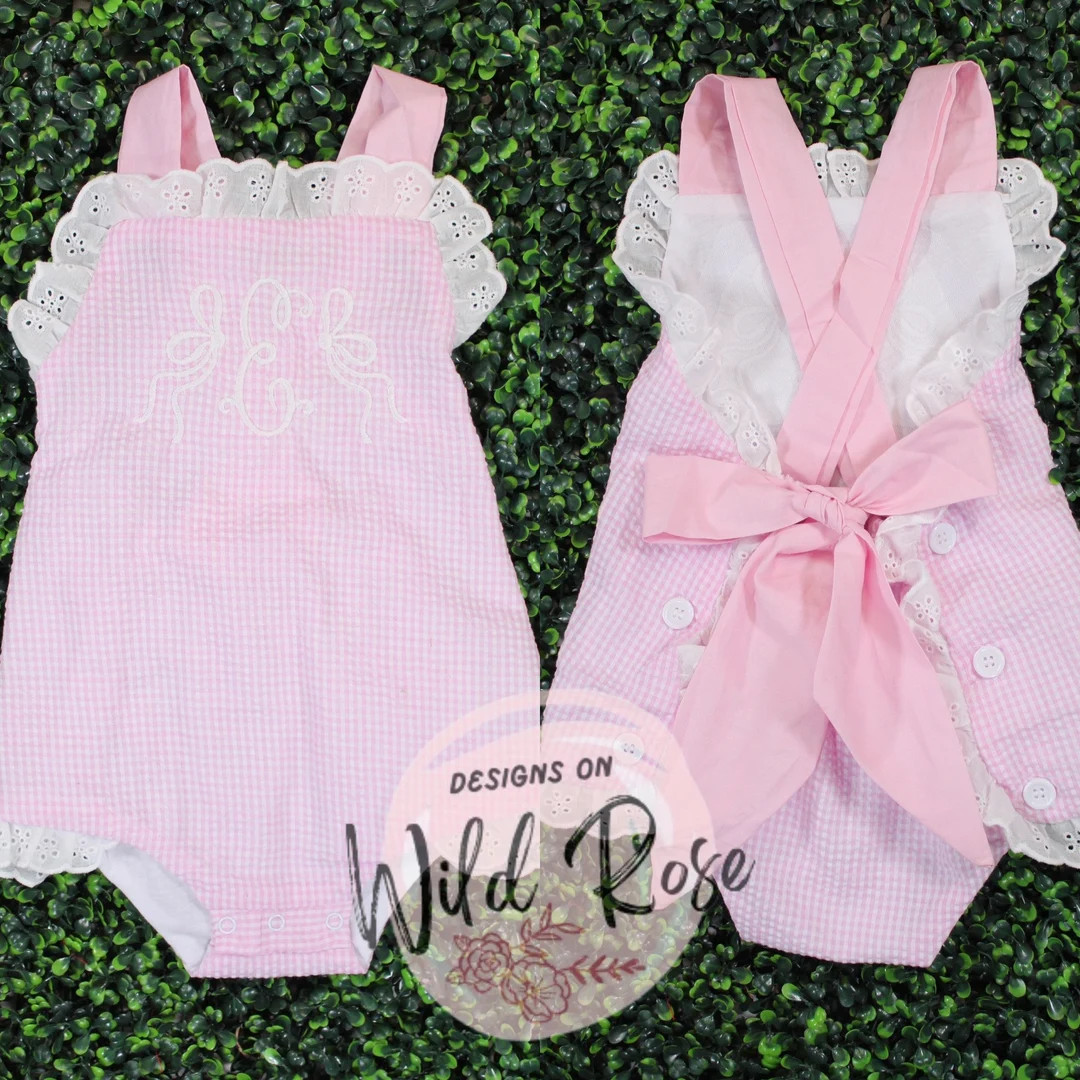 Pink & Blue Seersucker Gingham Sunsuit Bubble Romper Personalized, Bows, White, Cute Summer Outfi... | Etsy (US)