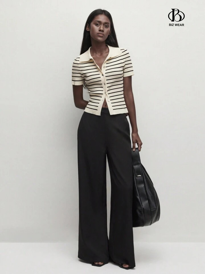 SHEIN BIZwear Suéter de punto con cuello de botones con rayas para damas, blusa de punto a rayas... | SHEIN