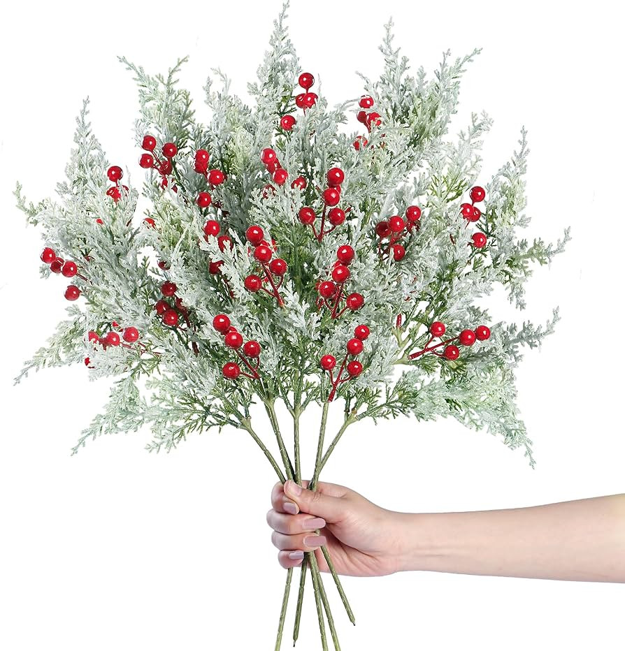 Sggvecsy 6 Pack Snowy Artificial Pine Branches Frosted Faux Cedar Spray with Red Berries 19’’... | Amazon (US)