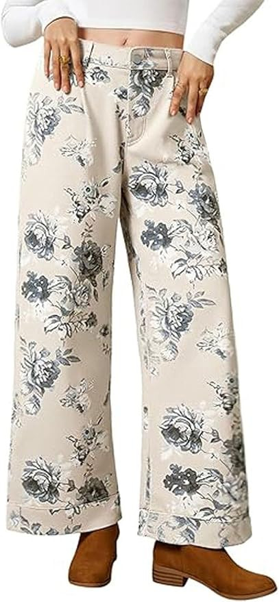 Women Mid Rise Cropped Wide Leg Jeans Baggy Floral Ankle Pants Denim Capris Flare Print Boho Pala... | Amazon (US)
