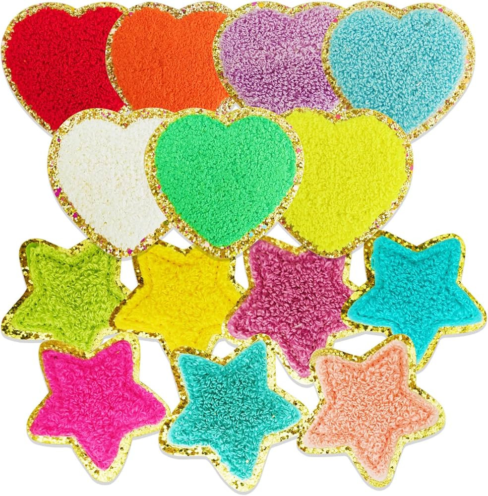 14Pcs Star Heart Glitter Chenille Patches,Sew on Colorful Patches for Clothing,Self Adhesive Hear... | Amazon (US)