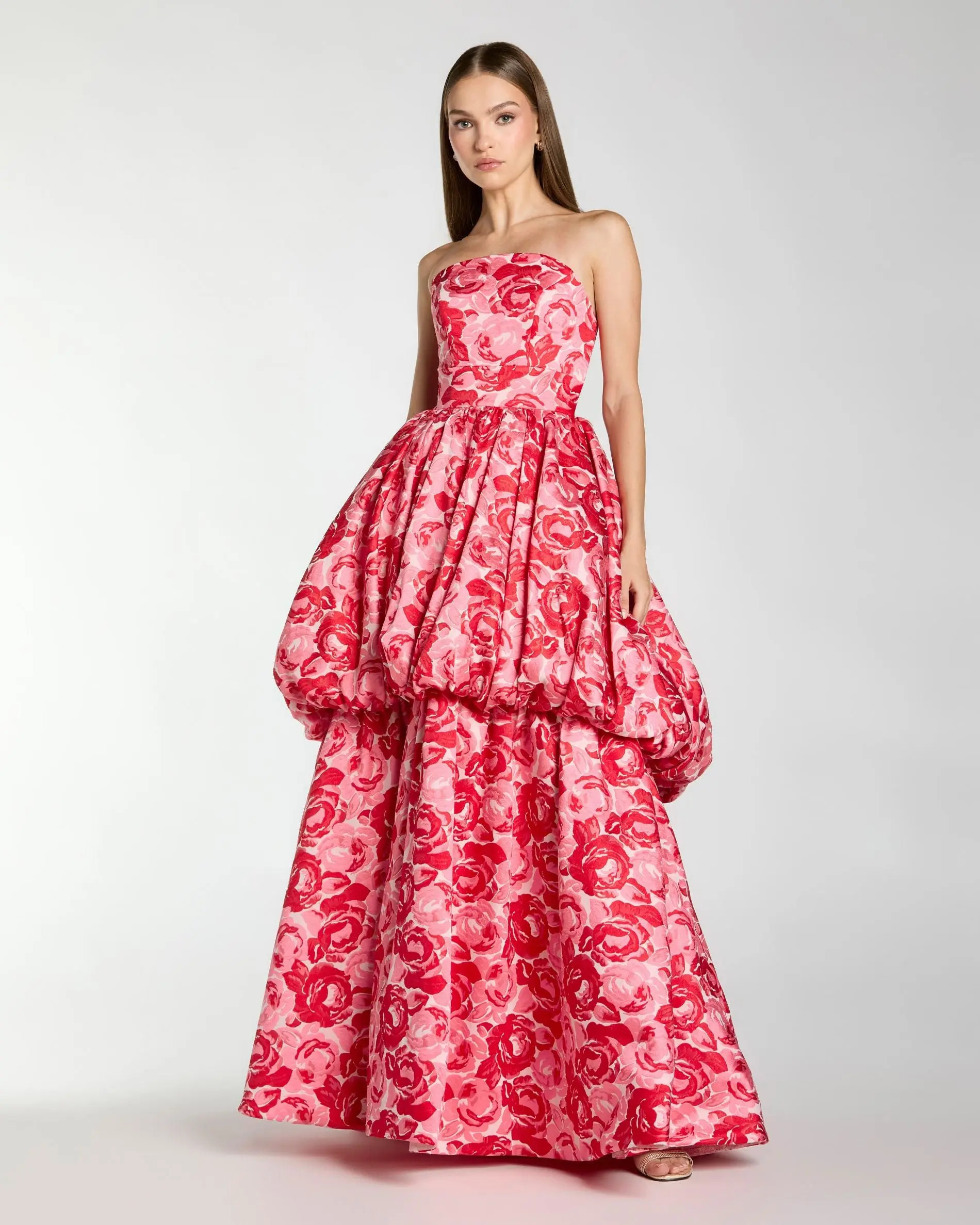Ieena for Mac Duggal - Pink Brocade Strapless Bubble Hem Ball Gown - Pink Multi / US 2 | Mac Duggal