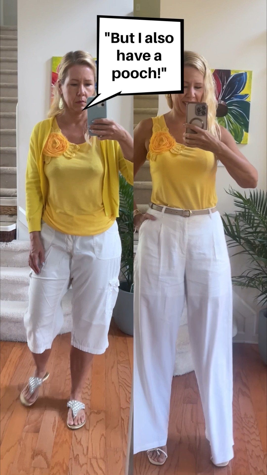 I say it again: shorts look more flattering than cargo capris but I hear you! So many of you tell me that they can’t wear shorts because they don’t like their legs. So instead I’d go for wide leg linen pants. They will make your legs look longer and it looks more flattering than cargo capris that cut your calf at the widest part and make you look stumpy and short. Adding a belt and tucking in the shirt helps balance the proportions and if you like to hide a pooch, I would add a little button-up shirt and leave it open like a jacket. 
Comment “elevate” for more simple styling hacks!


#LTKgrwm #LTKootd #LTKOver40
