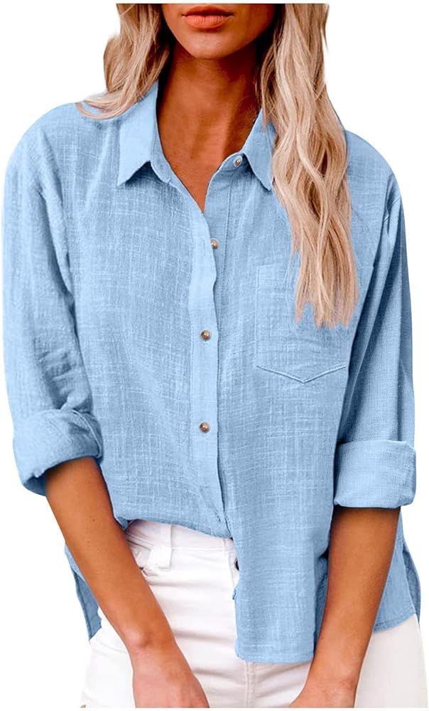Womens Cotton Linen Button Down Shirt 2023 Casual Long Sleeve Solid Color Shirts Loose Work Tops ... | Amazon (US)