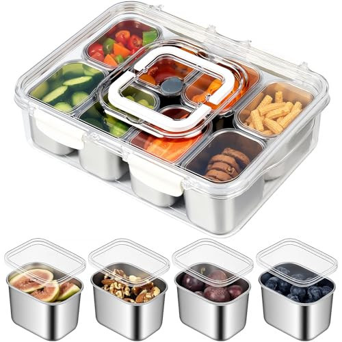 Snackle Box Container, Stainless Steel Divided Serving Tray with Lid and Handle, 8 Compartment Portable Snack Platters - Clear Storage Organizer for Fruit Candy Nuts Veggie - Perfect for Travel Party | Amazon (US)