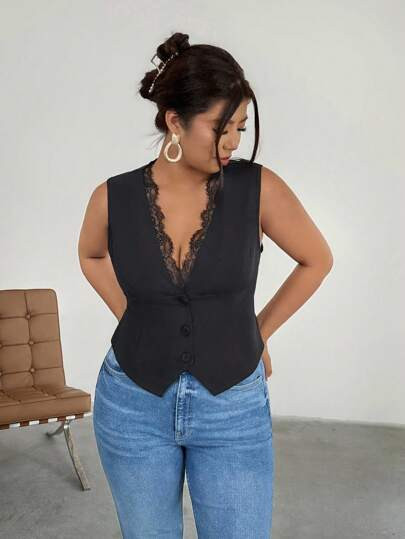 Firerie Plus Size Women Summer Solid Color Lace Splicing Deep V-Neck Fitted Vest Jacket In | SHEIN