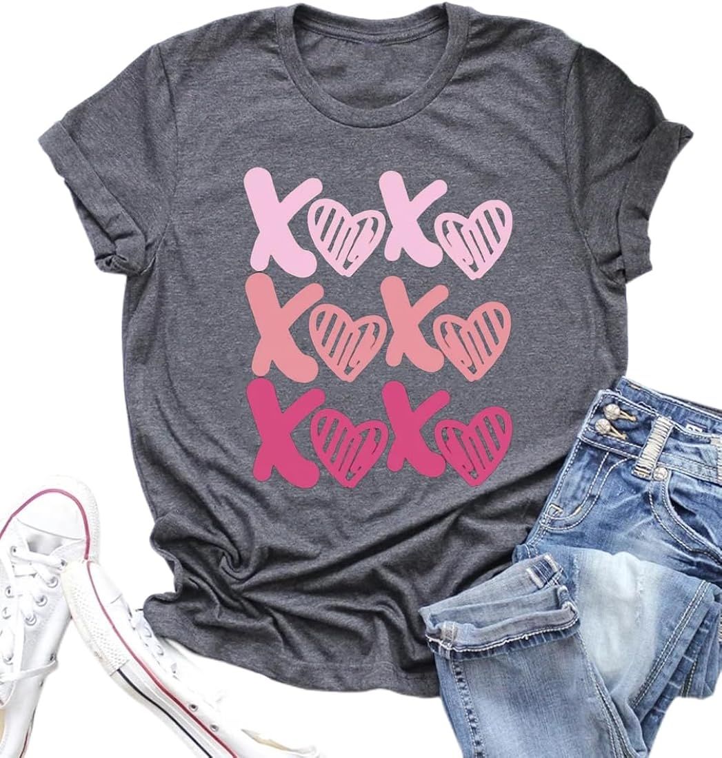 Valentine's Day Shirts for Women Love Heart XOXO Cute Graphic T Shirts Casual Tops Tee Gifts for ... | Amazon (US)