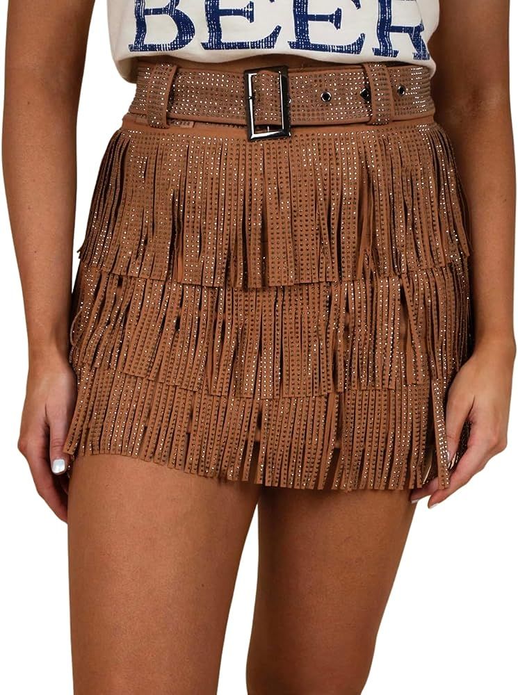 Womens Sparkle Rhinestone Fringe Skirt Elastic Waistband Short Mini Dress with Adjustable and Rem... | Amazon (US)