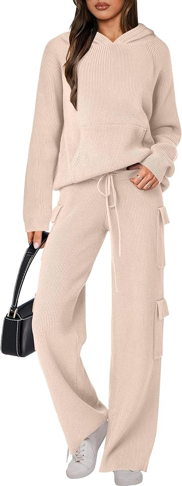 ANRABESS Women’s Two Piece Outfits Casual Knit Hooded Sweater Straight Leg Pants Set 2025 Fall ... | Amazon (US)